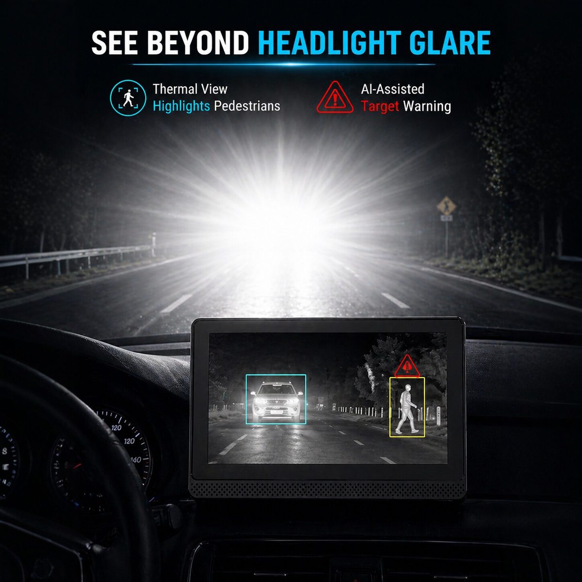 Thermal view highlights a pedestrian beyond headlight glare