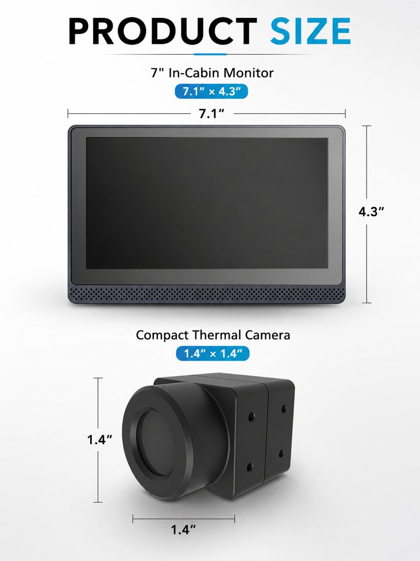 Product dimensions — 7-inch monitor and compact thermal camera