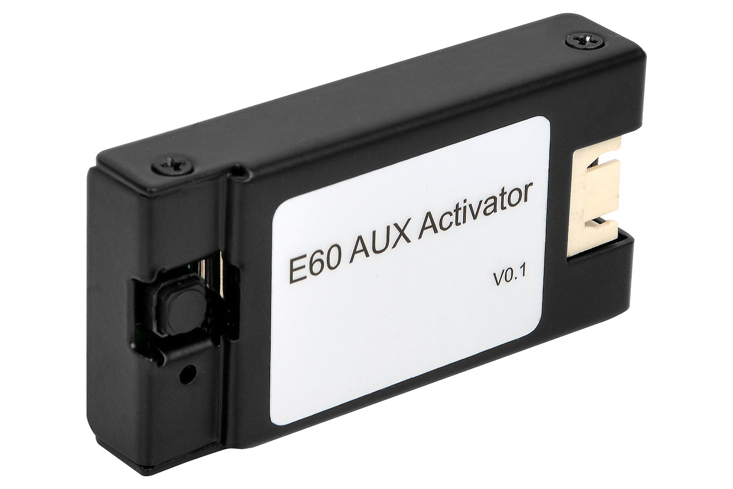 AUX activator module for BMW CCC head units, showing the activation button and the two-pin plug